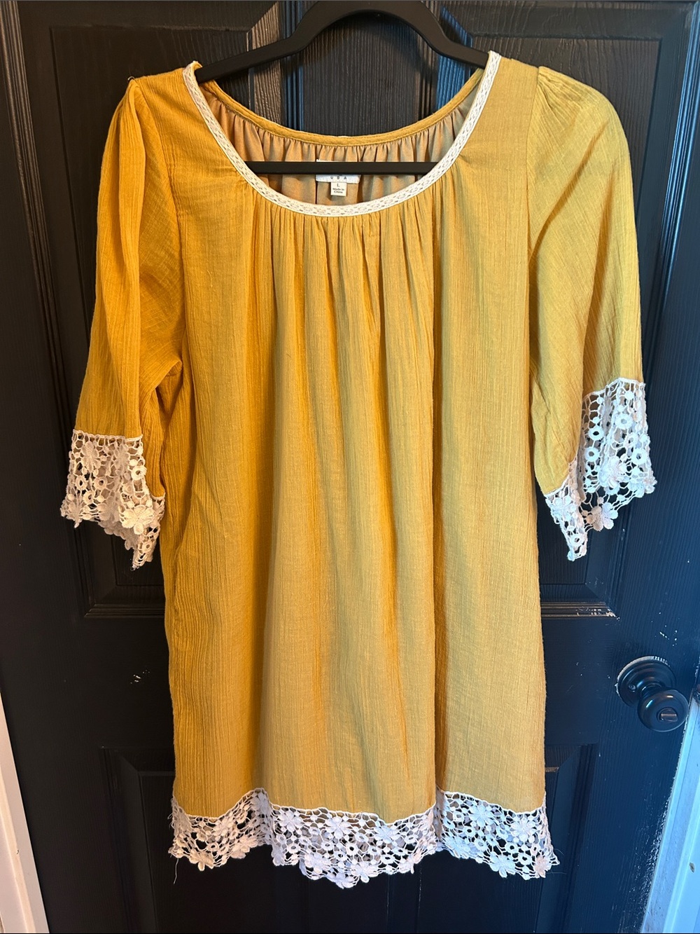 Umgee Boho Lace-Trim Mustard Women's dress. Lined summer cool.